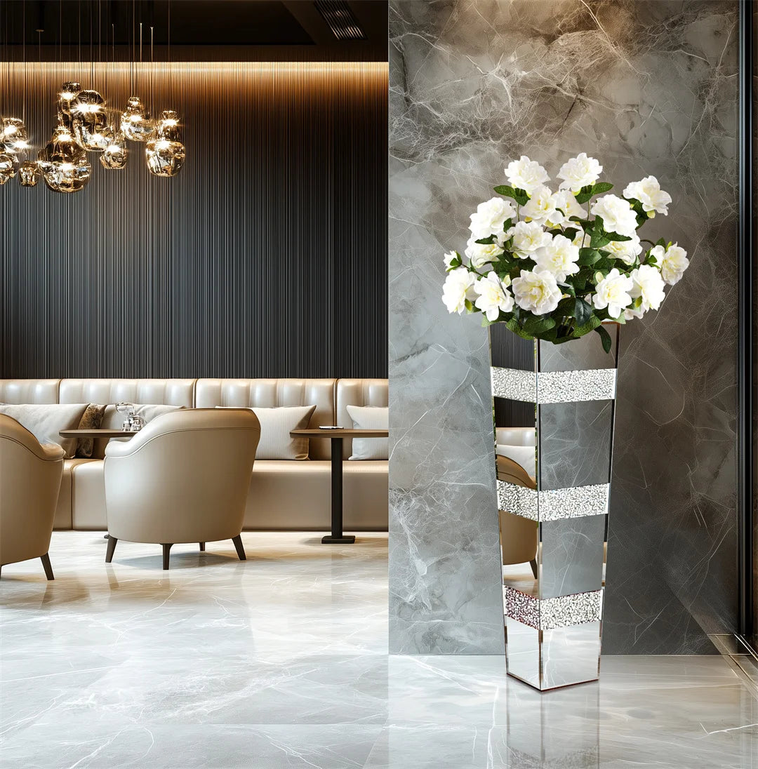 Modern Floor Vase With Crystal Accents And Mirrored Stand