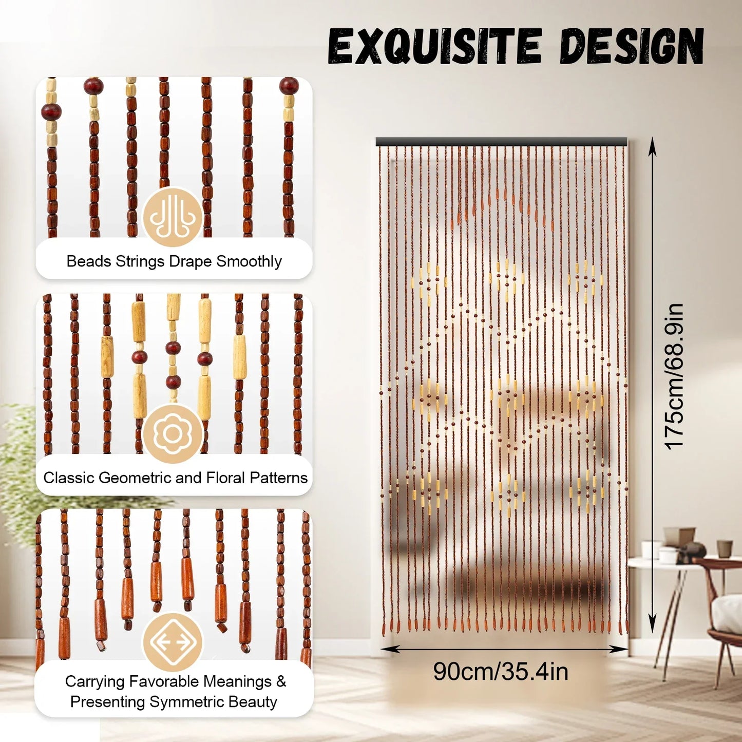 Wooden Bead Curtain For Luck And Prosperity, Living Room Decor