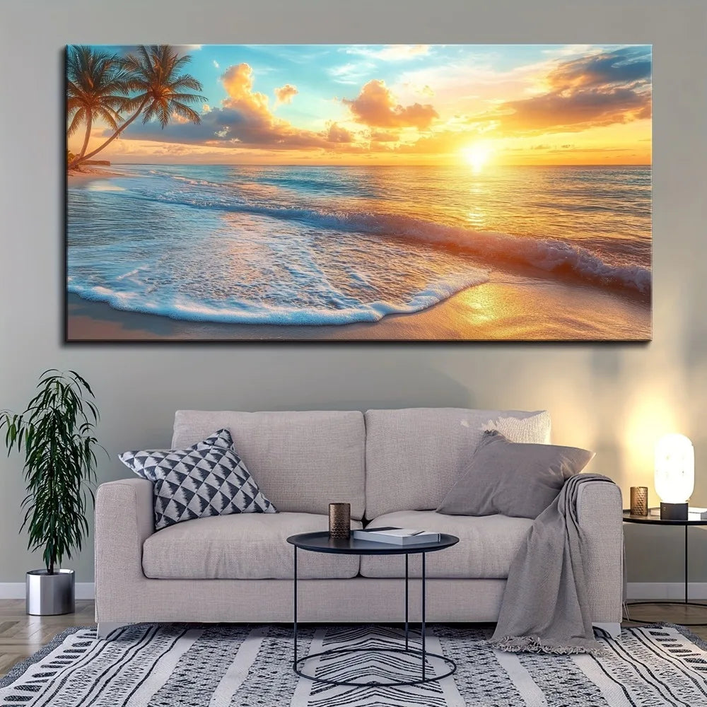 Natural Pine Wood Frame Canvas Wall Art Ocean Sunset Scene