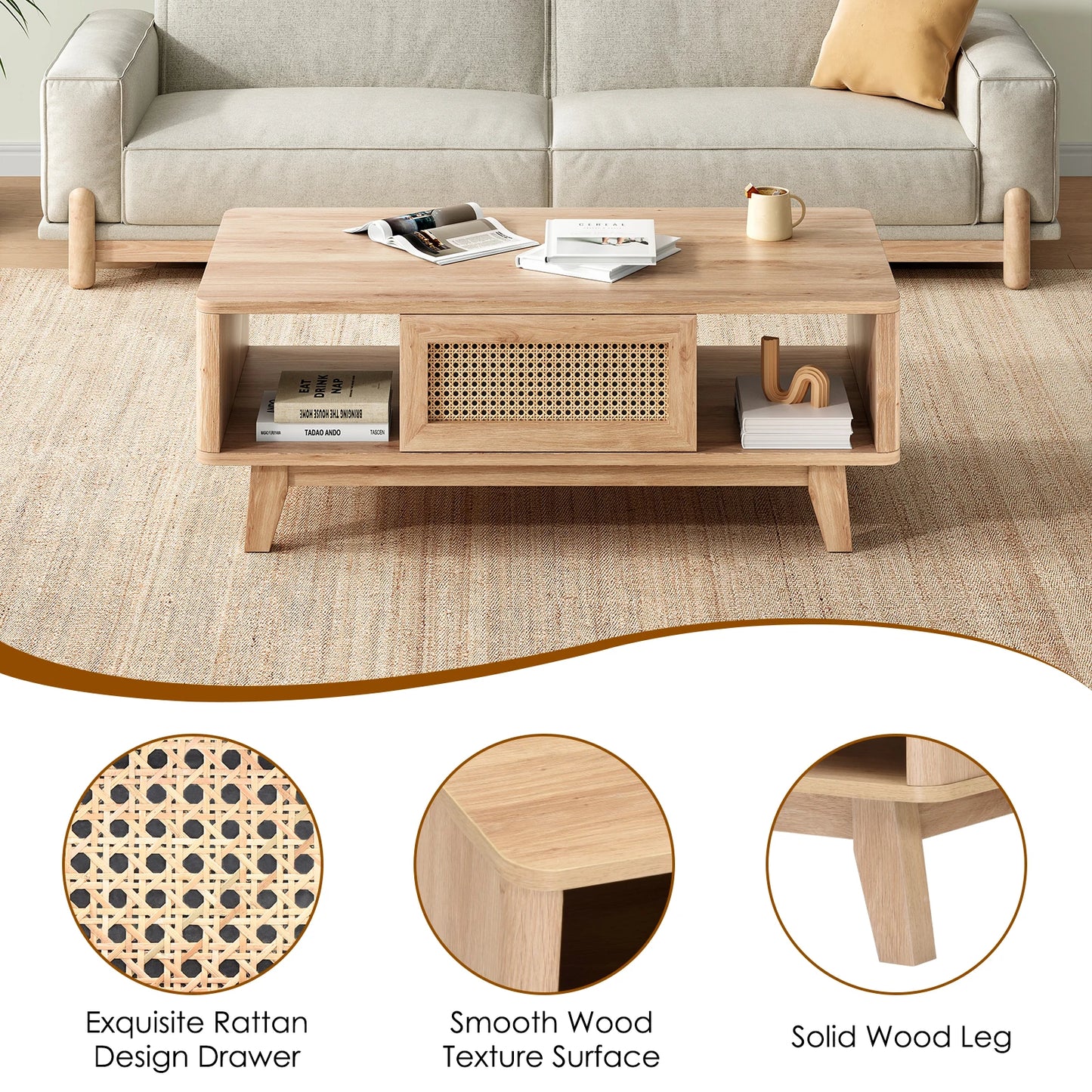 Farini Mid Century Modern Coffee Table With Rattan Drawer