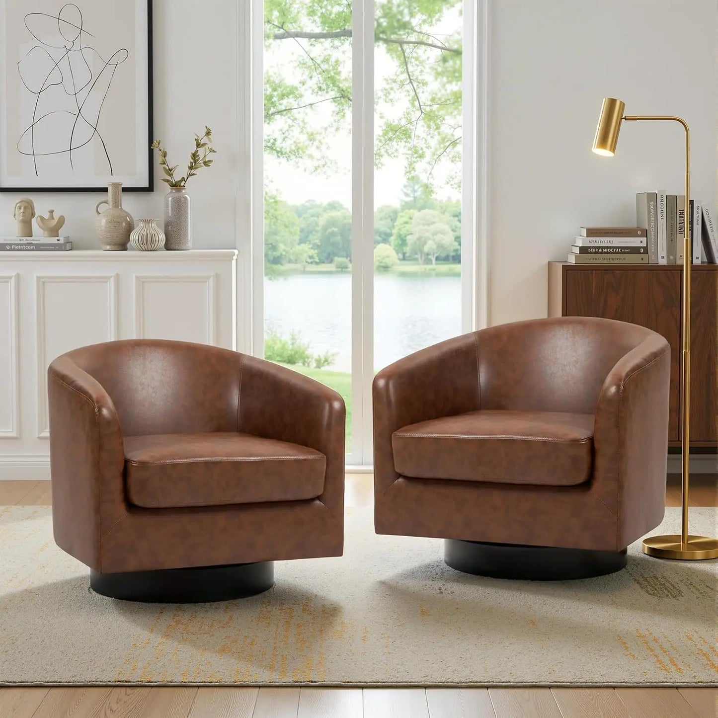 Swivel Accent Chair Set Of 2 Fabric Upholstered Barrel Armchairs