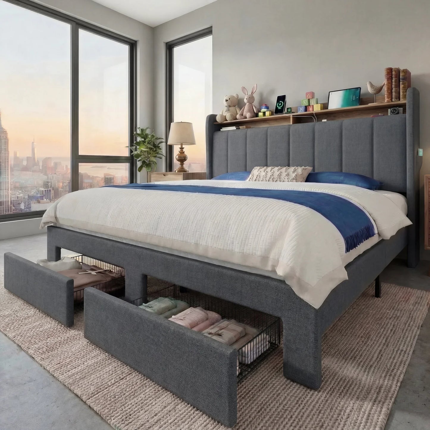 HOOMIC Bed Frame With Storage Drawers Shelves And LED Lights