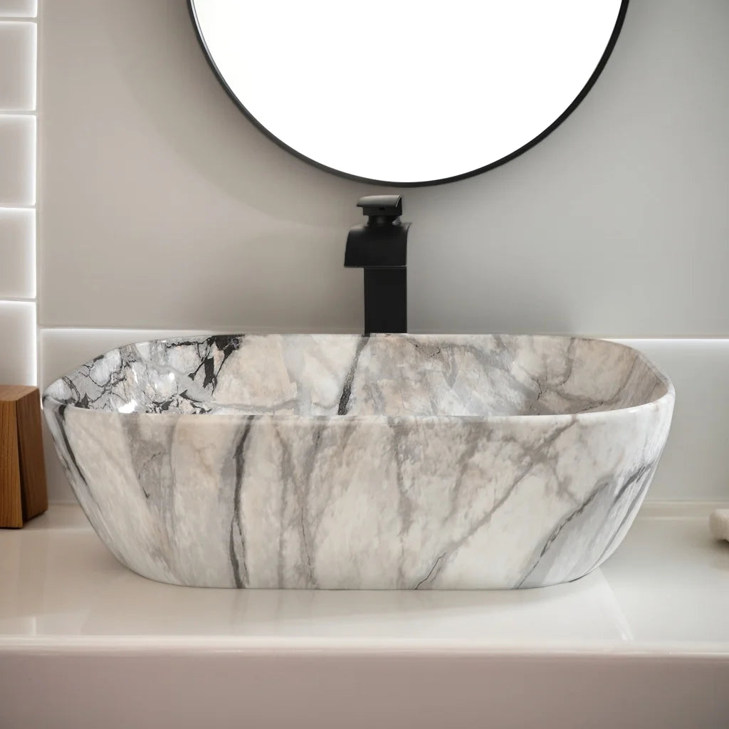 Mekkhala Rectangular Ceramic Vessel Bathroom Sink Set With Drainer