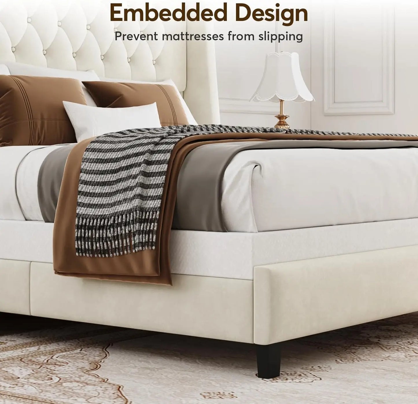Upholstered Platform Bed Frame With Button Tufted Headboard