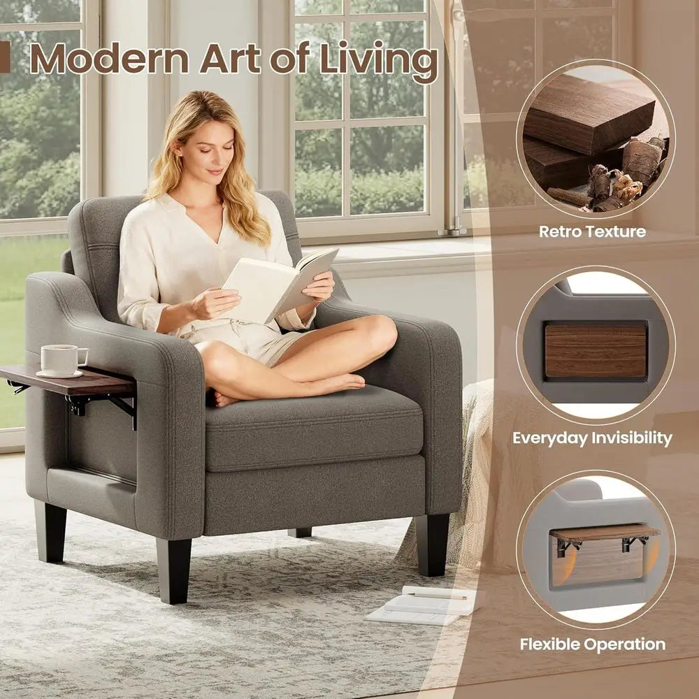 Elegant Linen Upholstered Armchair With Solid Wood Living Room Furniture