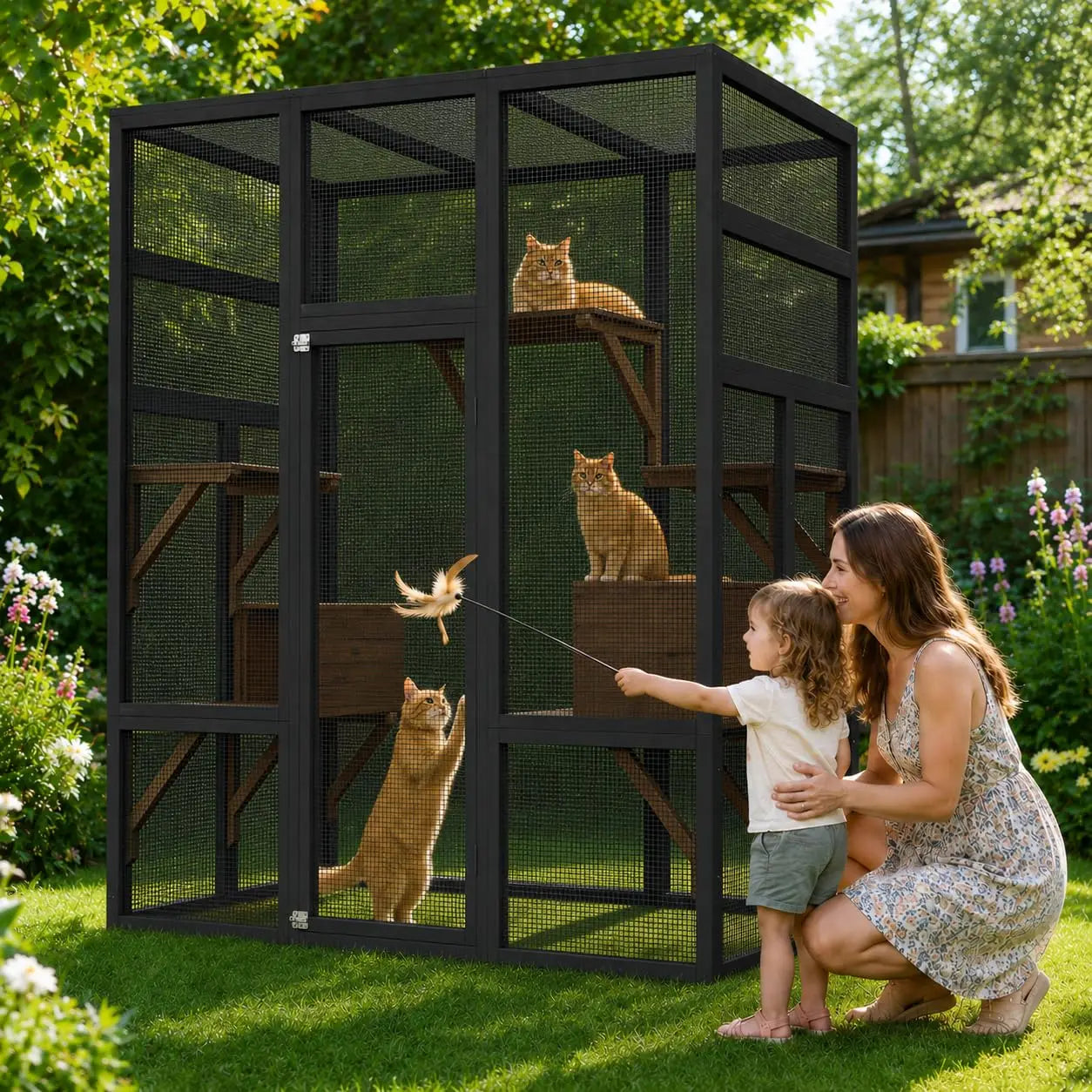 HiMISS Wooden Outdoor Catio Cat Enclosure With Five Platforms