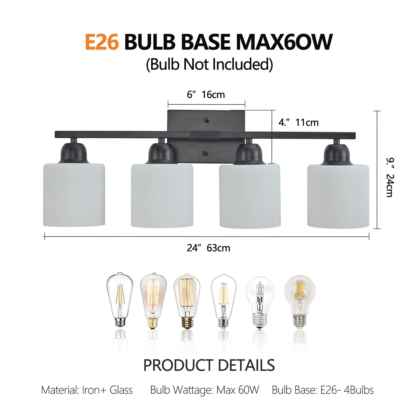 ARLGSITE Four-Light Vanity Light Fixture With Frosted Glass Shade