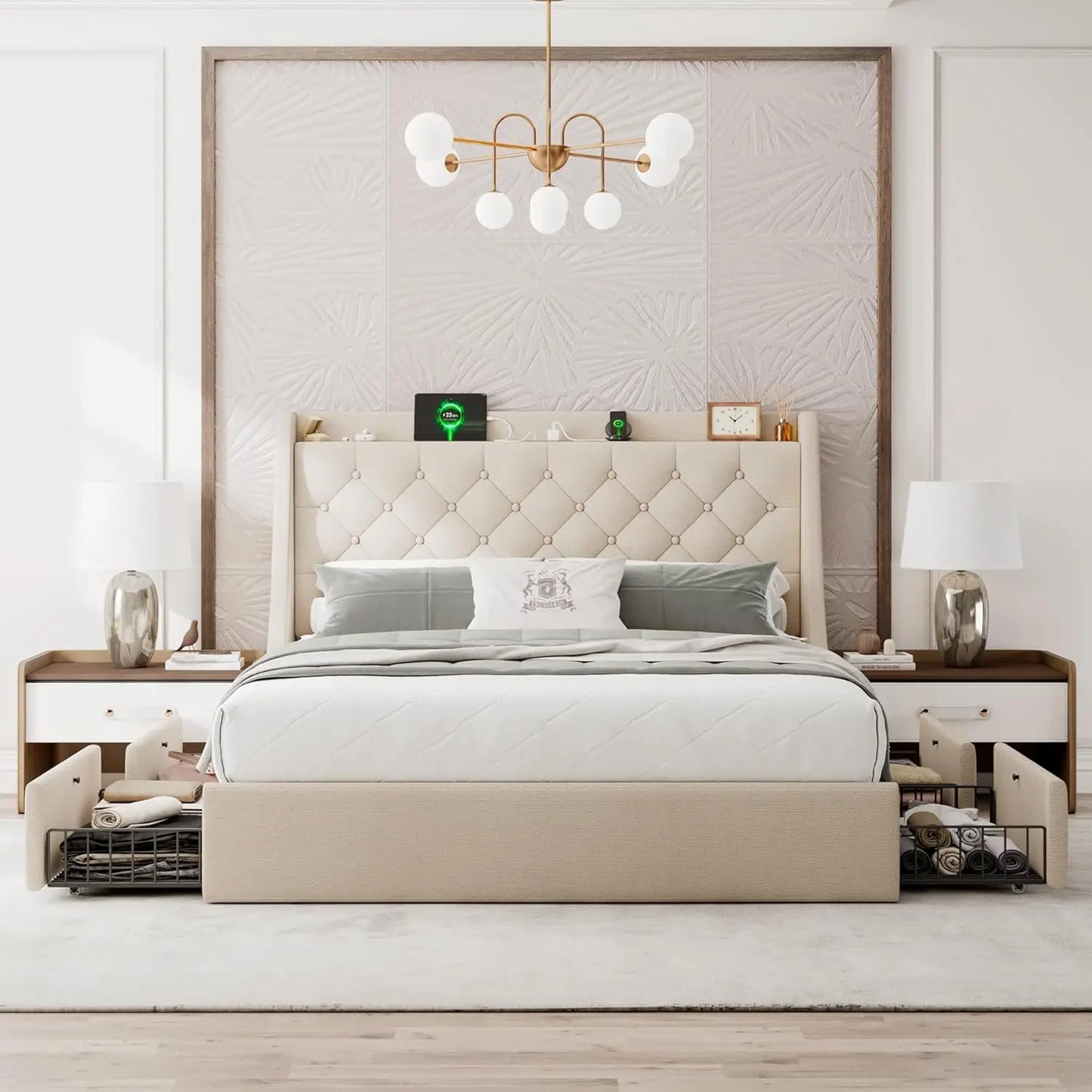 Upholstered Bed Frame With Storage Drawers And USB Charging Station