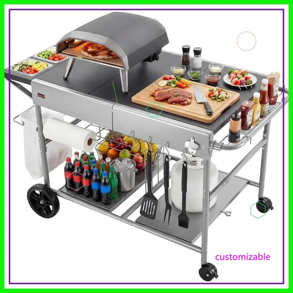 Outdoor Grill Cart With Wheels Movable BBQ Prep Table Picnic