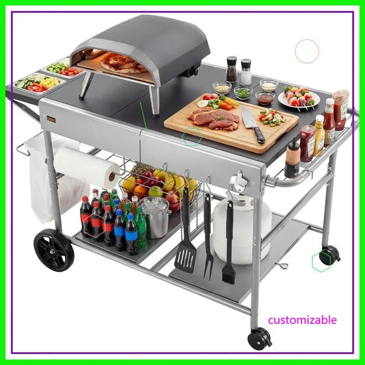 Outdoor Grill Cart With Wheels Movable BBQ Prep Table Picnic