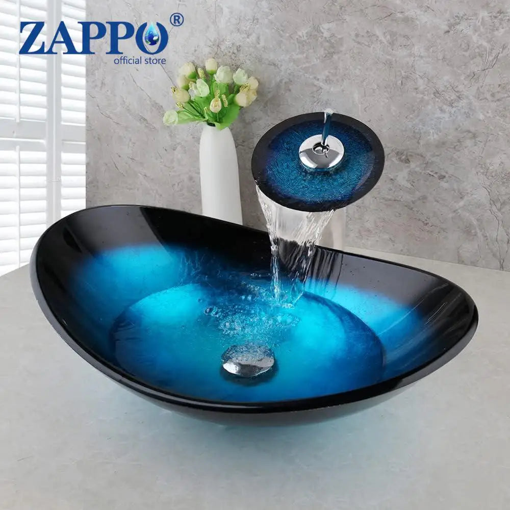 Mekkhalia Tempered Glass Oval Vessel Sink With Waterfall Faucet
