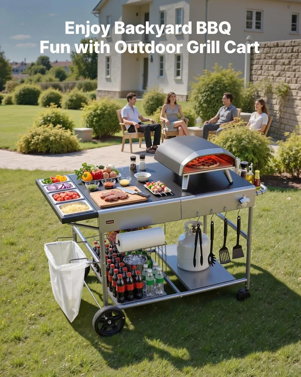 Outdoor Grill Cart With Wheels Movable BBQ Prep Table Picnic