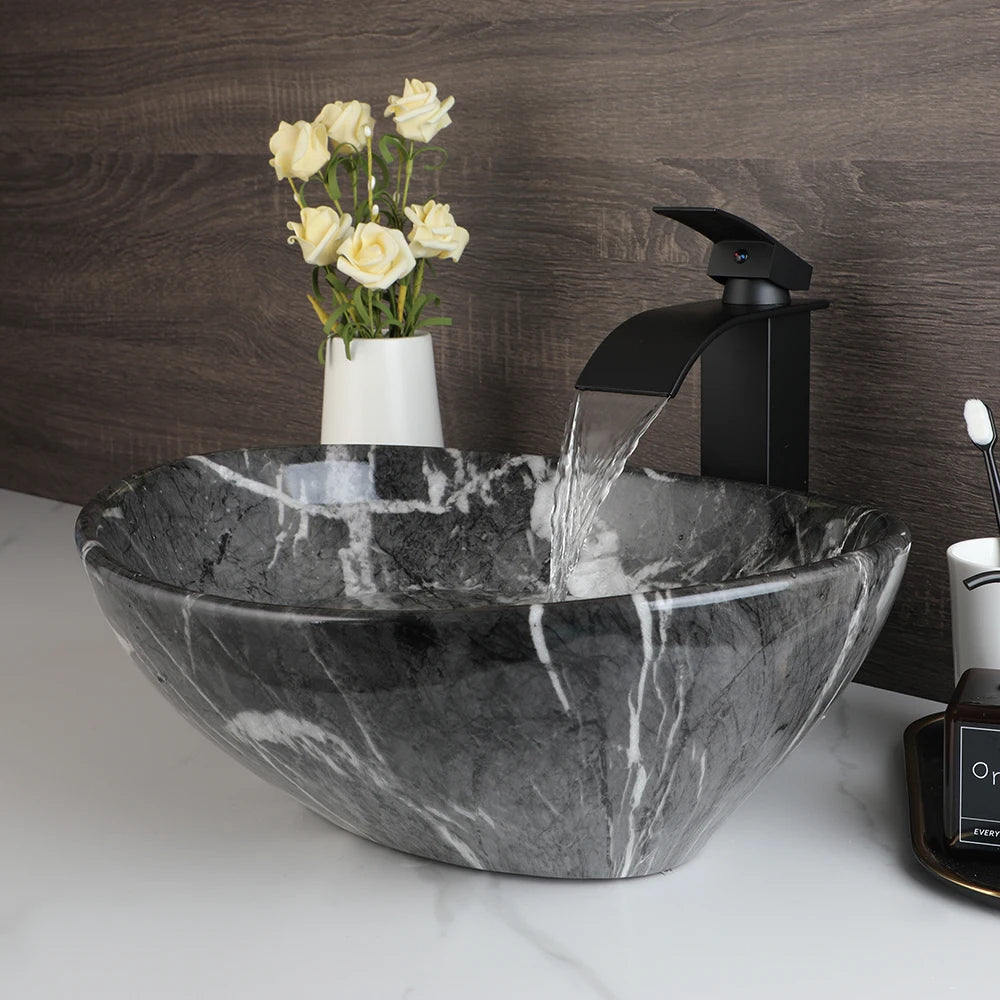 Mekkhal Ceramic Vessel Sink Set With Waterfall Faucet For Bathroom