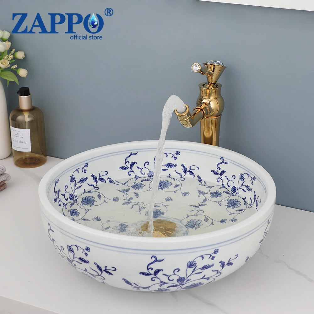 Mekkhala Ceramic Hand Painted Round Vessel Sink With Faucet