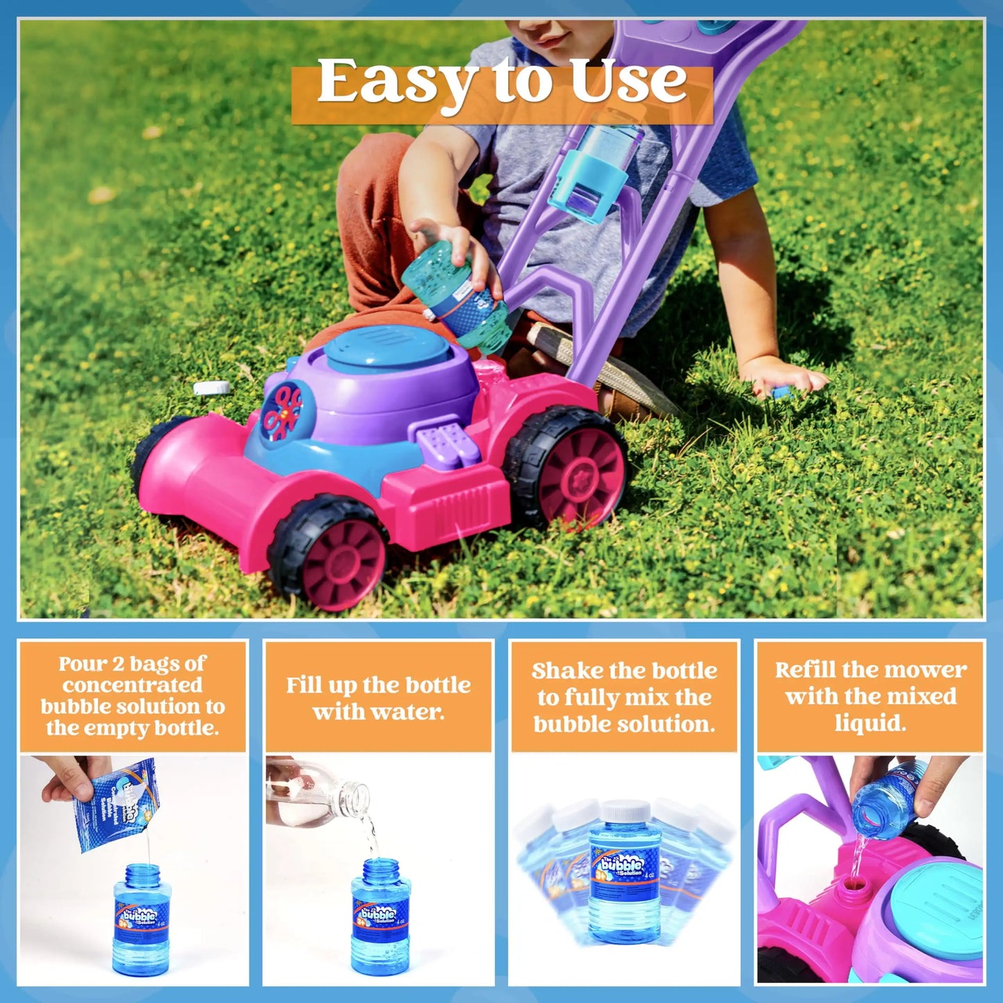 Joyfy Bubble Blower Lawn Mower Toy for Kids 3-6 Summer
