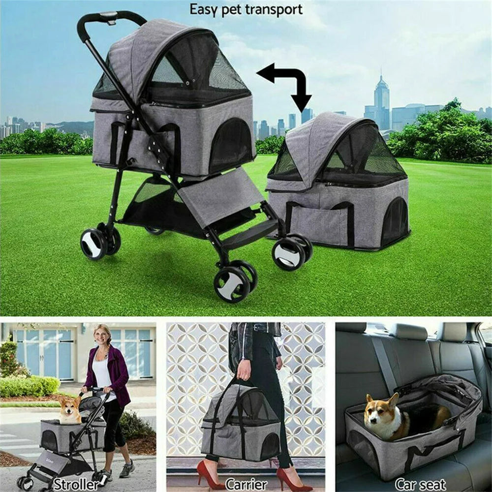 Foldable Pet Dog Stroller With Four Wheels And Storage Basket