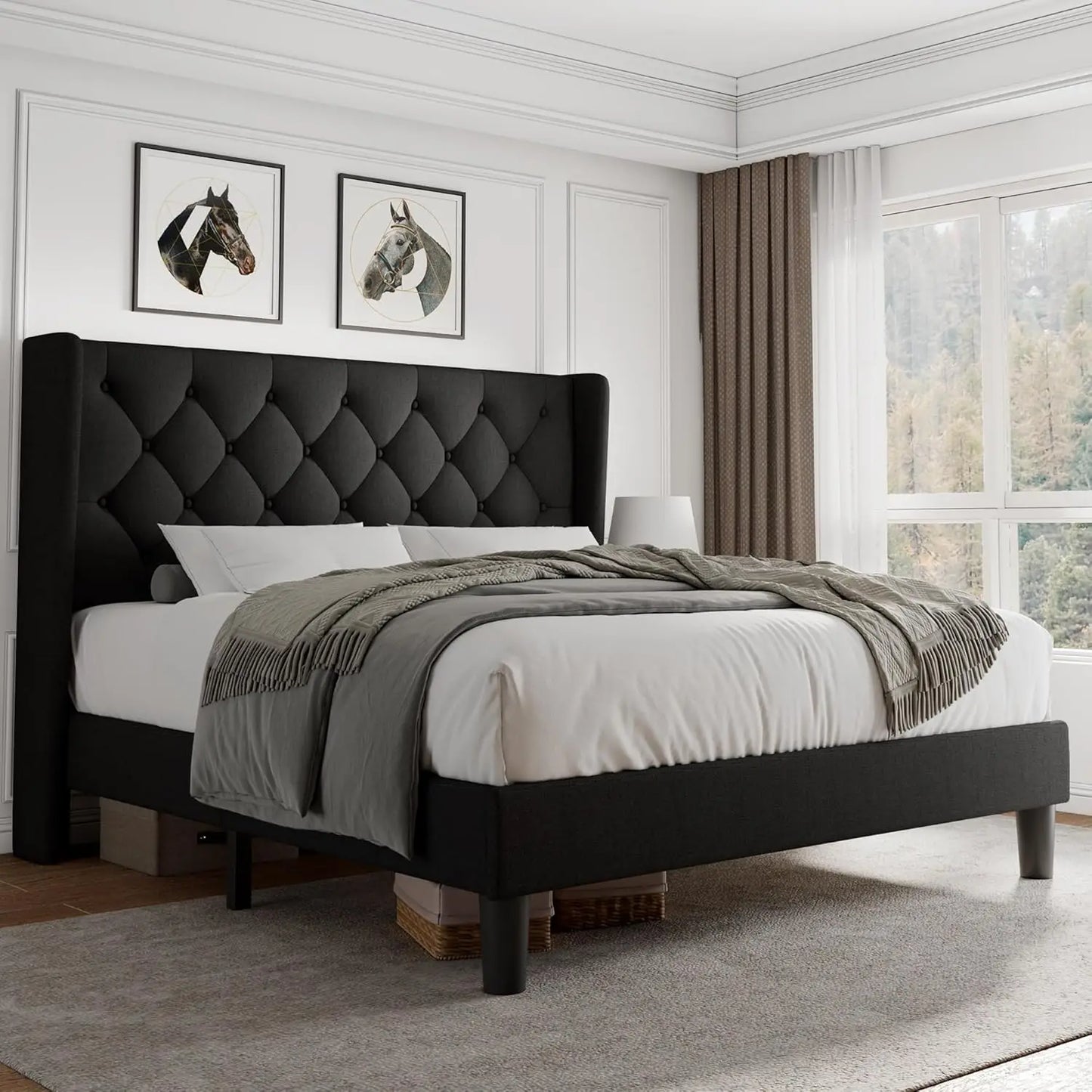 Velvet Platform Bed Frame With Button Tufted Upholstery Noise Free Assembly