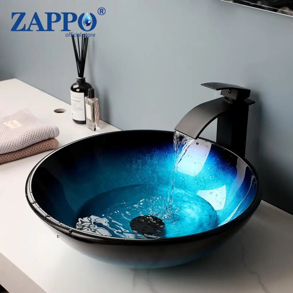 Mekkhalia Tempered Glass Oval Vessel Sink With Waterfall Faucet