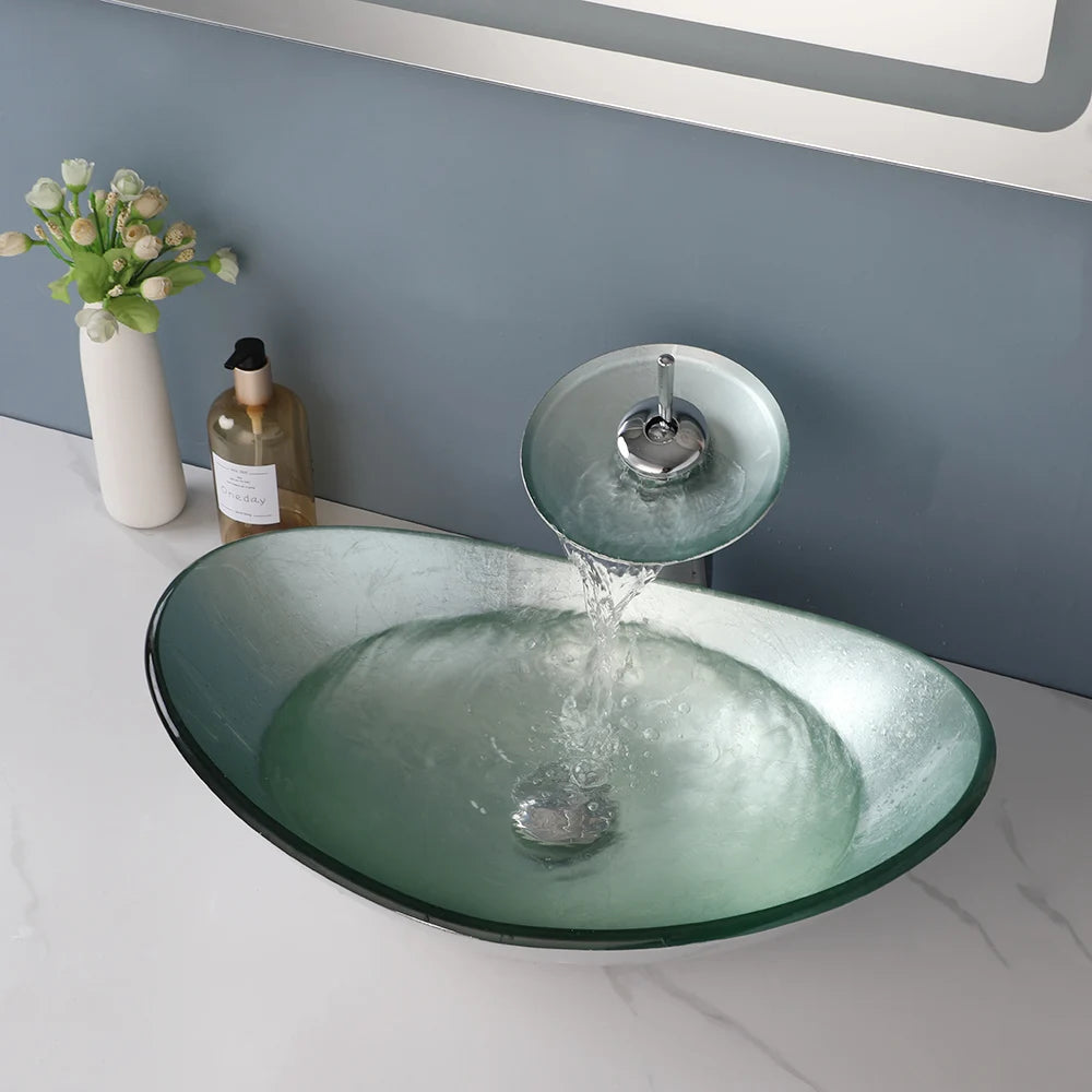 Mekkhala Tempered Glass Bathroom Sink With Waterfall Faucet