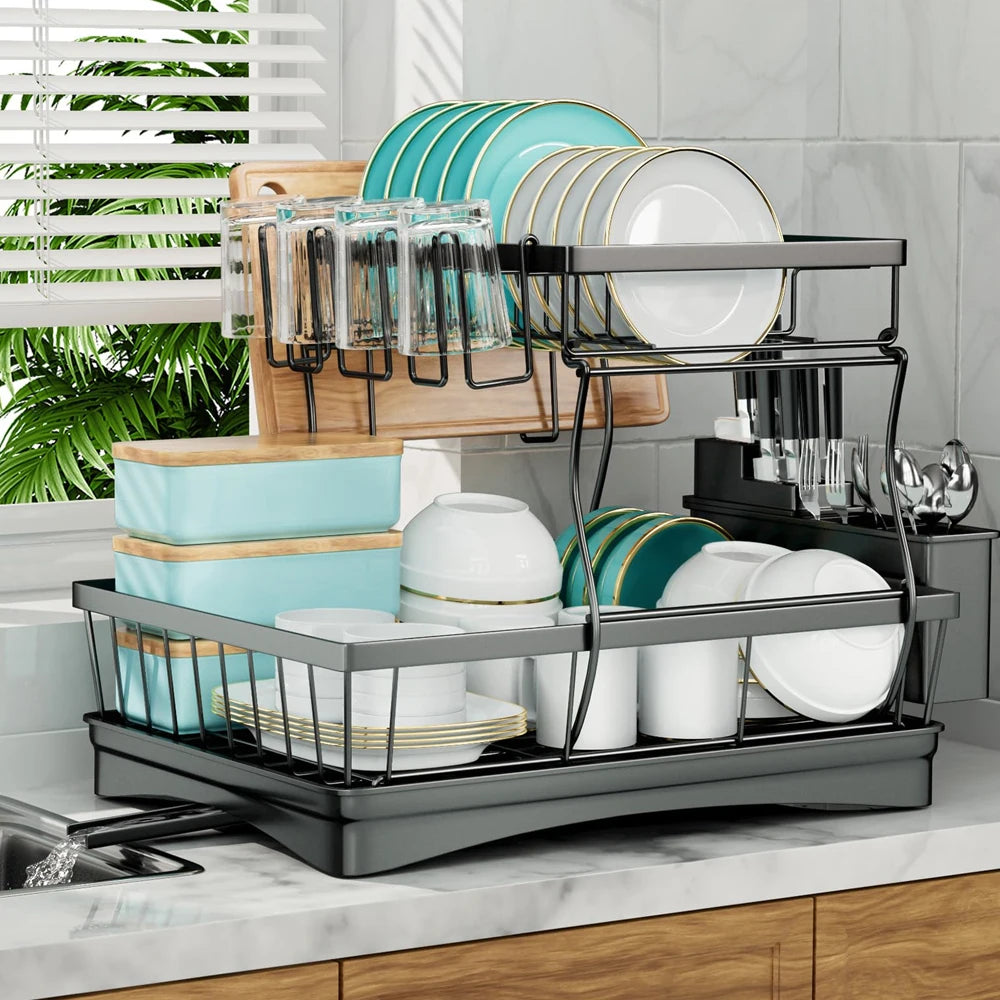 Two-Tier Dish Drying Rack for Kitchen Countertop with Removable Tray