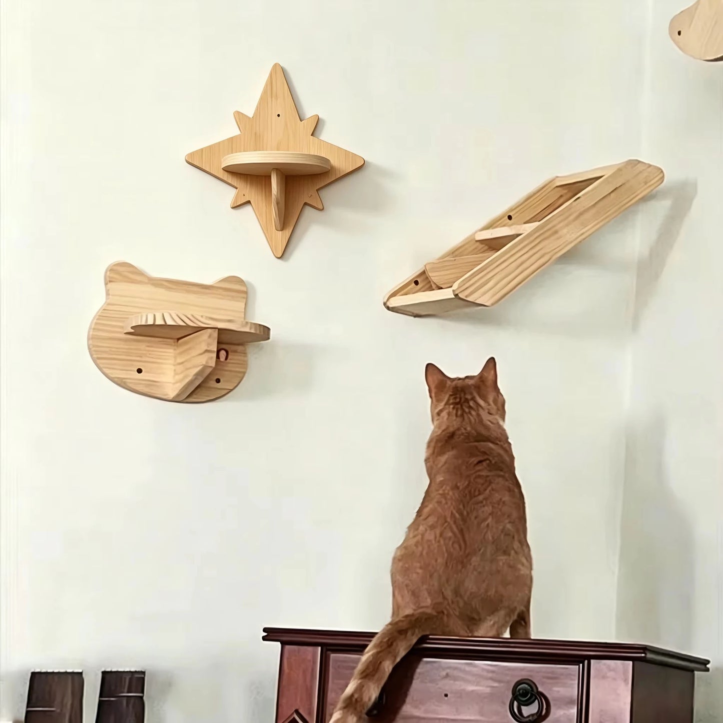 CWV Wall Mounted Cat Shelves Solid Pine Wood Perch Set