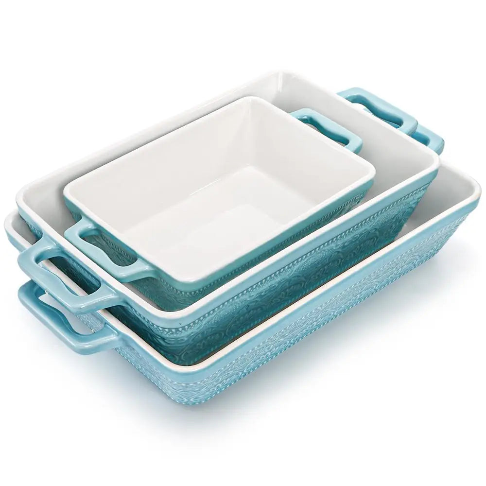 Ceramic Baking Dishes Set of 3, Rectangular Bakeware With Handles