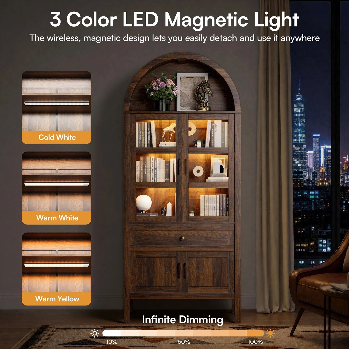 Furgle Arched Wood Storage Cabinet With Adjustable Shelves And Led Lights