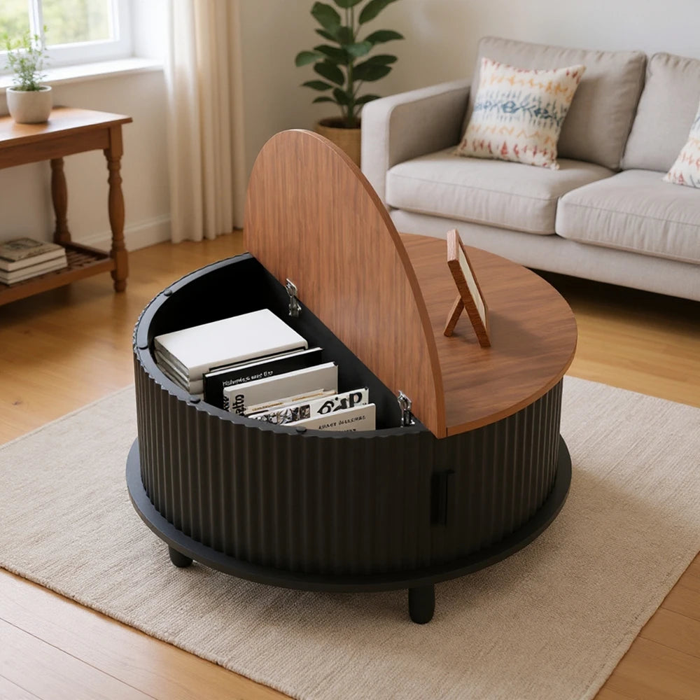 Modern Round Coffee Table With Curved Sliding Storage Door