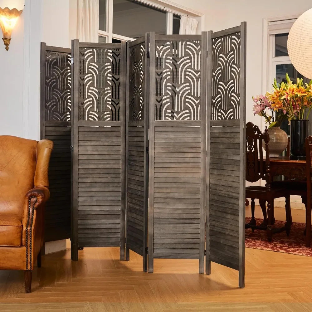 Six Panel Wooden Freestanding Room Divider Folding Privacy Screen