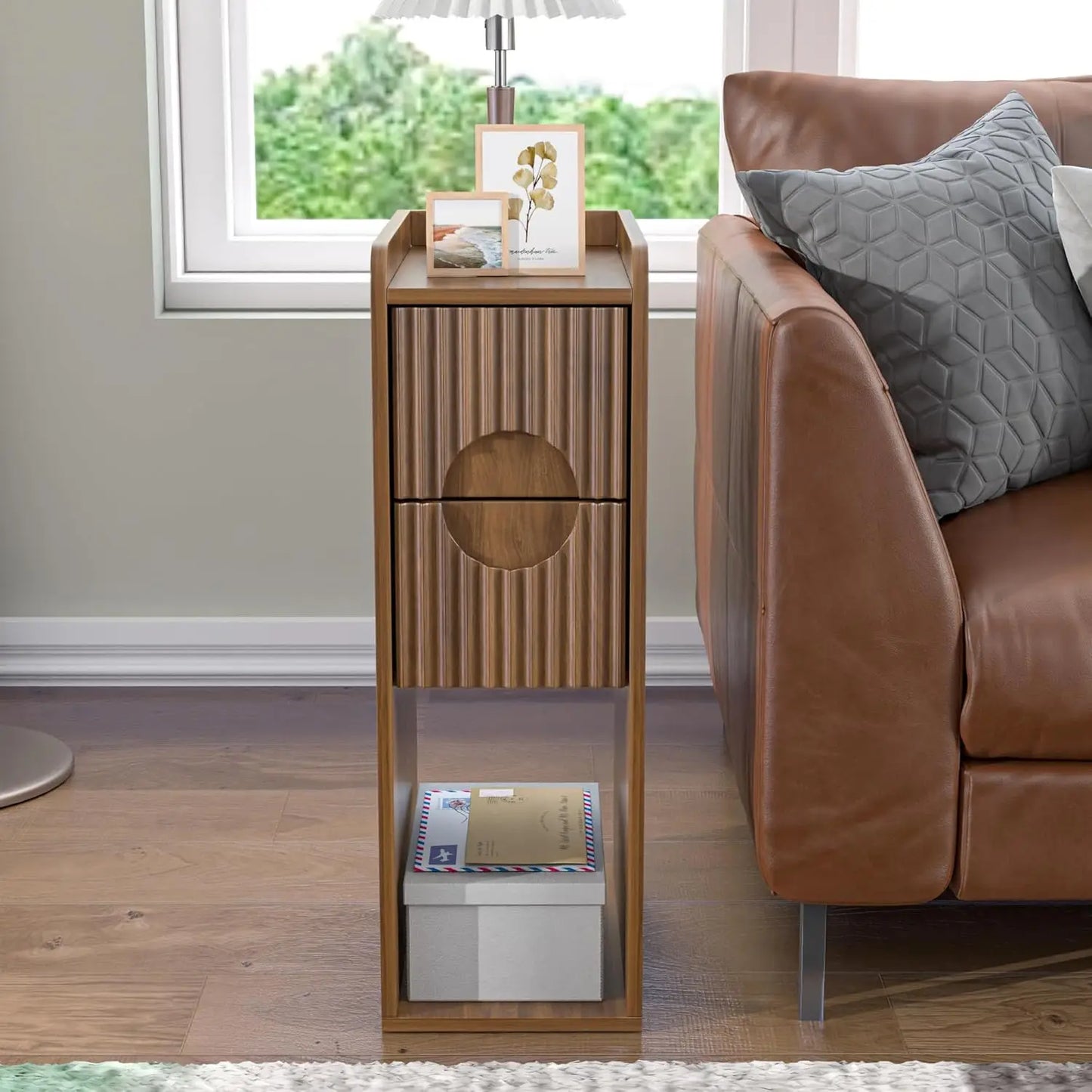 Narrow Fluted Nightstand Set Of 2 Wooden Two Drawer Bedside Tables