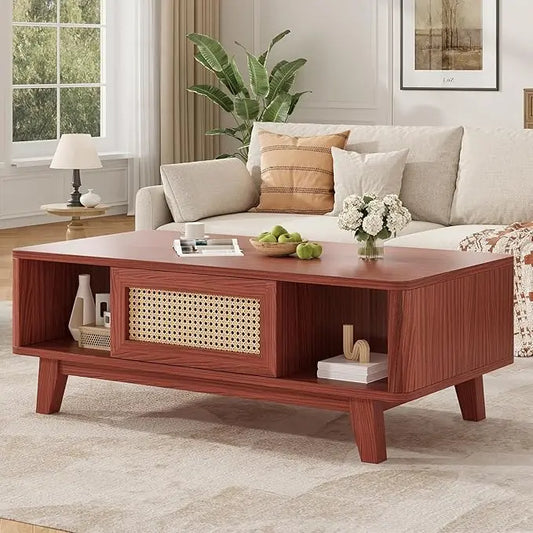 Farini Mid Century Modern Coffee Table With Rattan Drawer