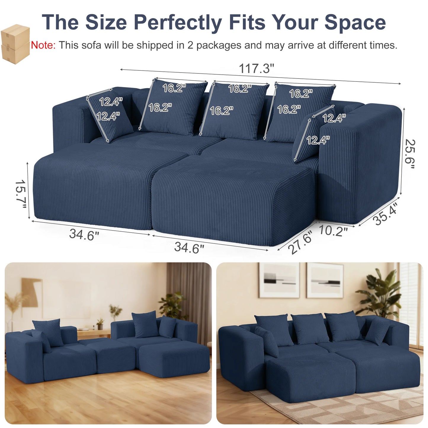 Modern Corduroy Modular Sectional Sofa With Pillows For Living Room