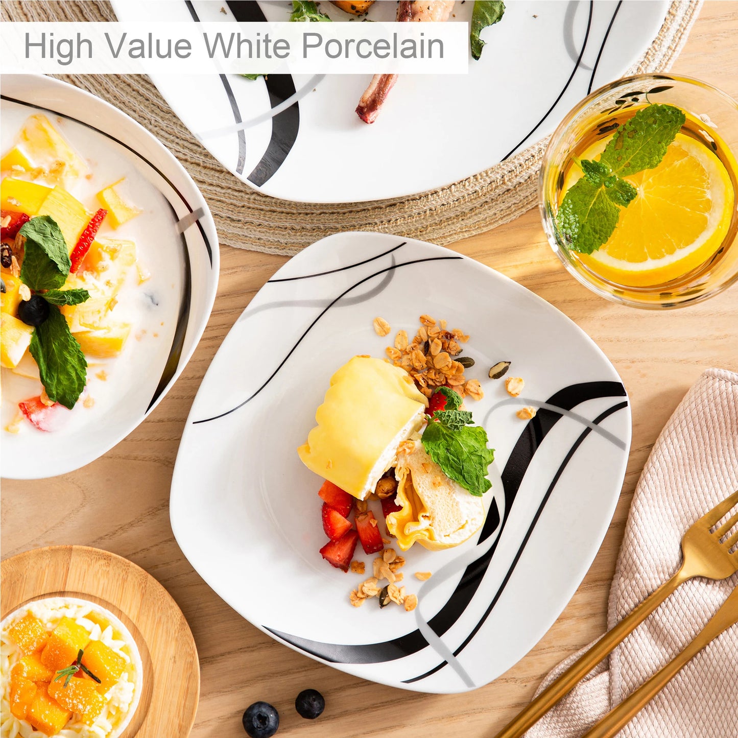 Malacasa Fiona Black Line Porcelain Dinner Plate Set