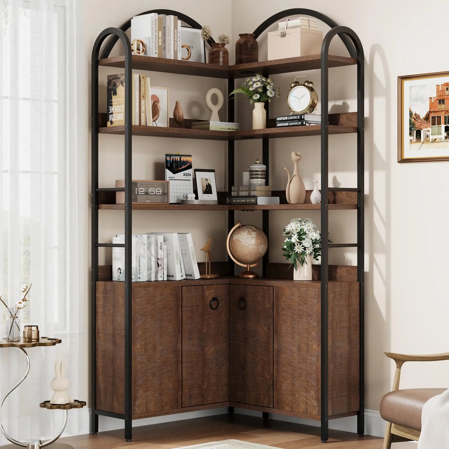 HiMiss Arched Corner Bookcase With Cabinet Storage Shelf Unit