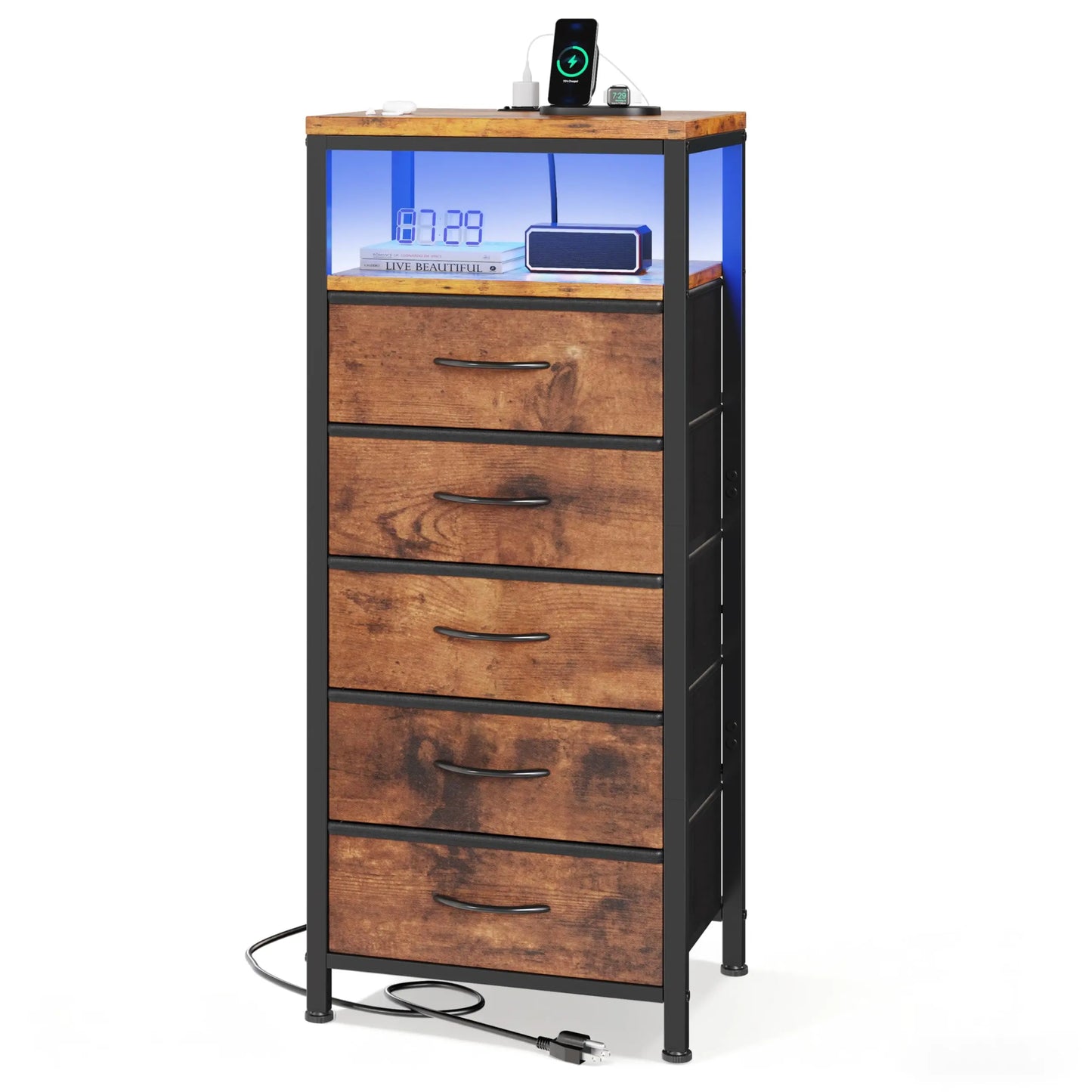 JHK Five Drawer Fabric Dresser Nightstand With Charging Station