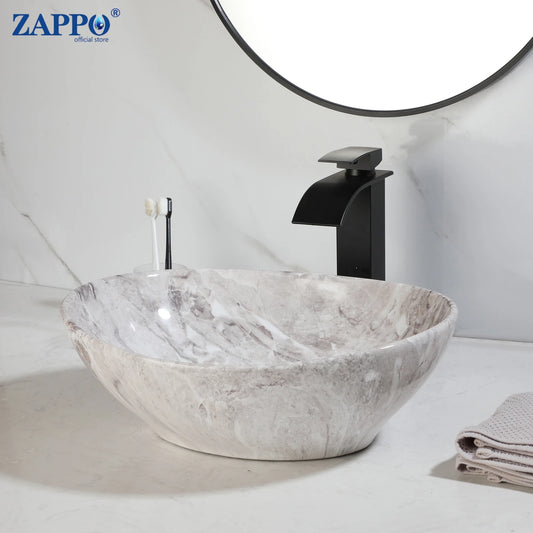 Mekkhal Ceramic Vessel Sink Set With Waterfall Faucet For Bathroom