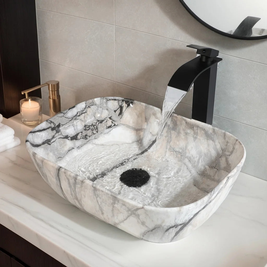 Mekkhala Rectangular Ceramic Vessel Bathroom Sink Set With Drainer