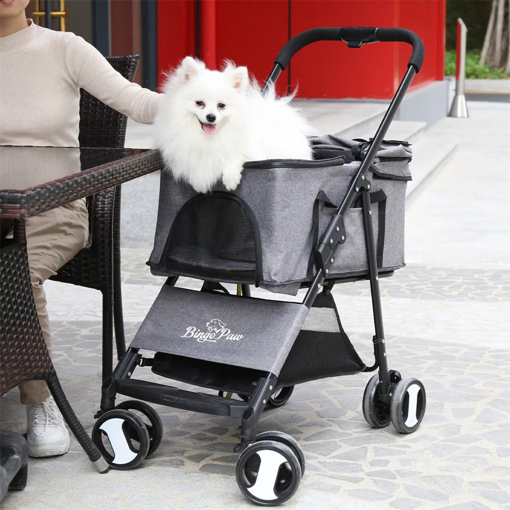 Foldable Pet Dog Stroller With Four Wheels And Storage Basket
