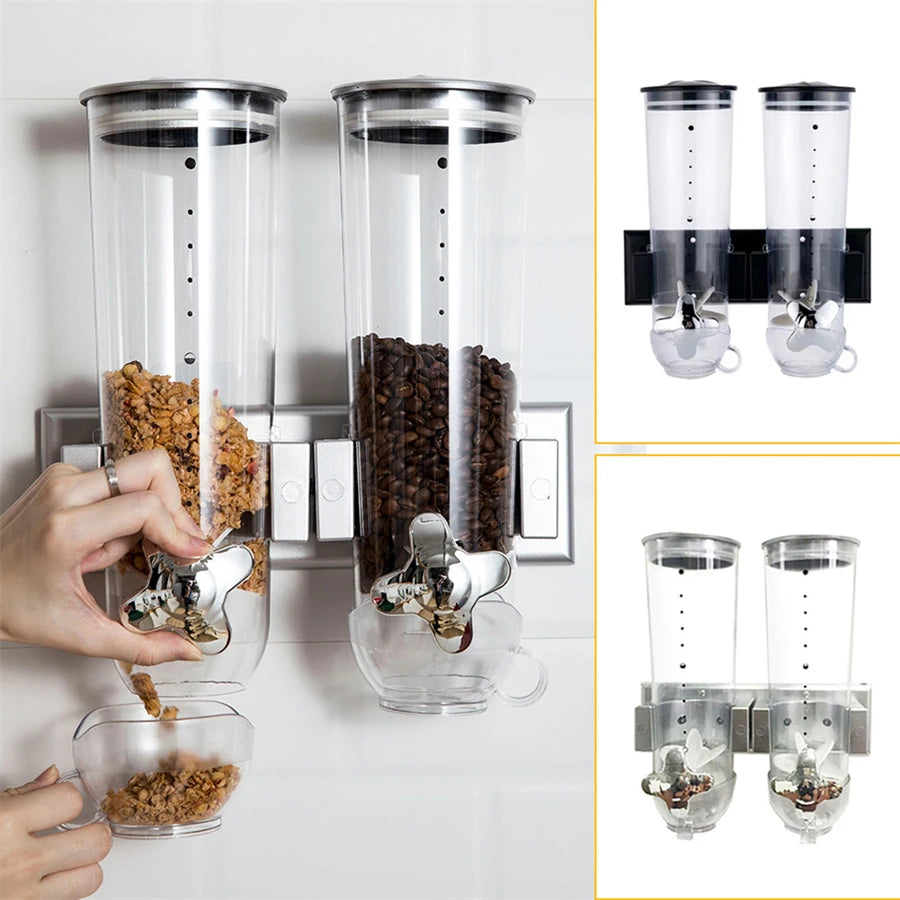 Wall Mounted Two Barrel Cereal Dispenser For Grains And Coffee Beans