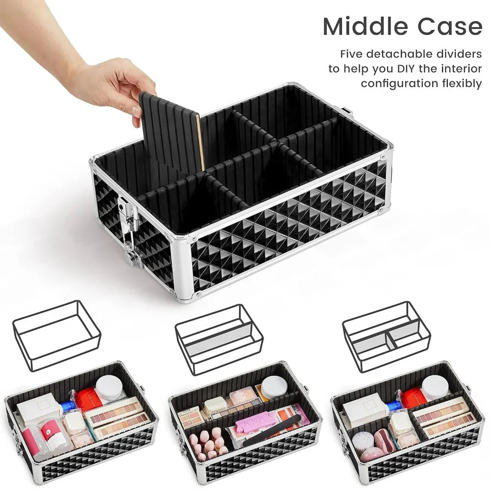 YTYIN 3 In 1 Rolling Makeup Train Case With Swivel Wheels