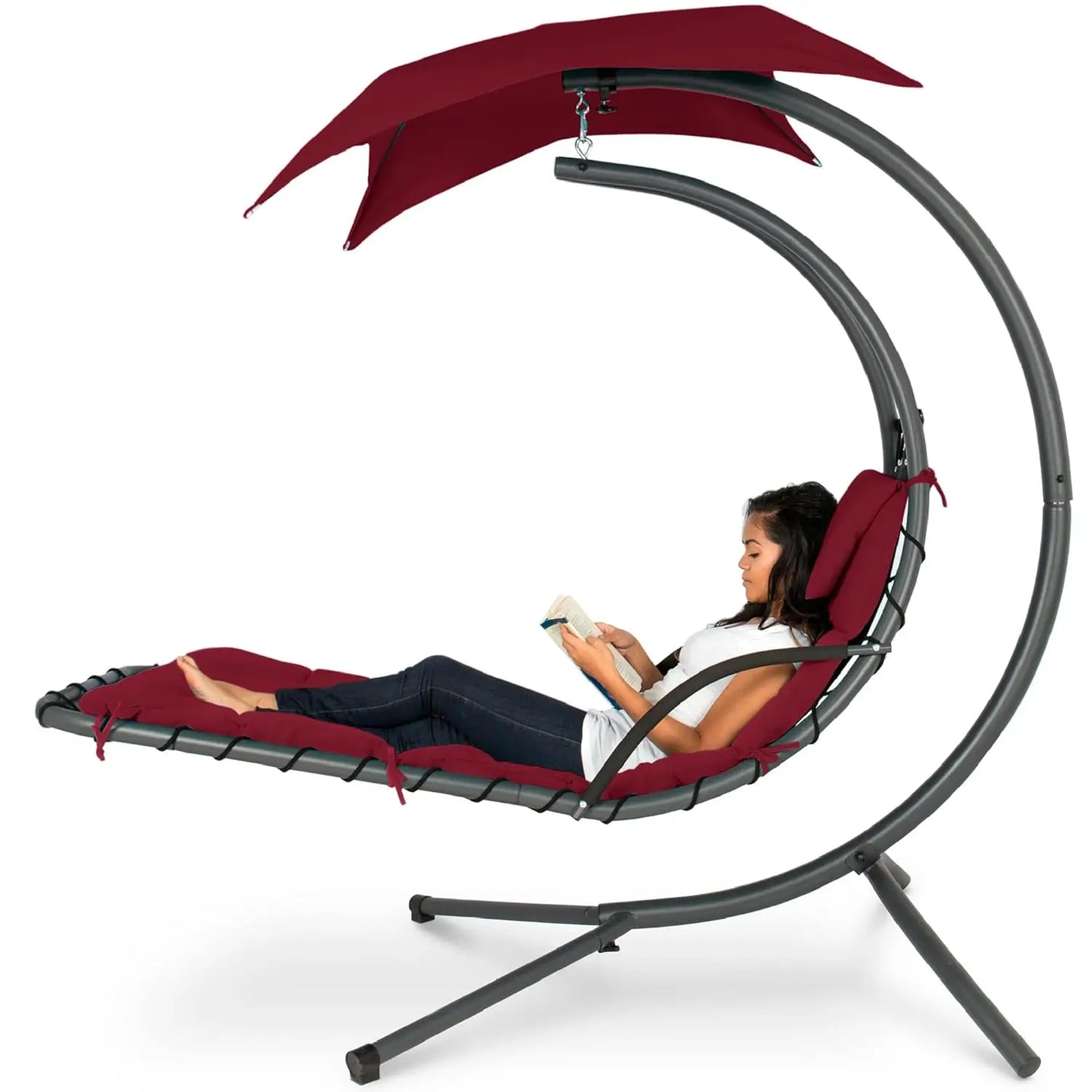 Curved Steel Outdoor Hanging Chaise Lounge Removable Canopy Pillow