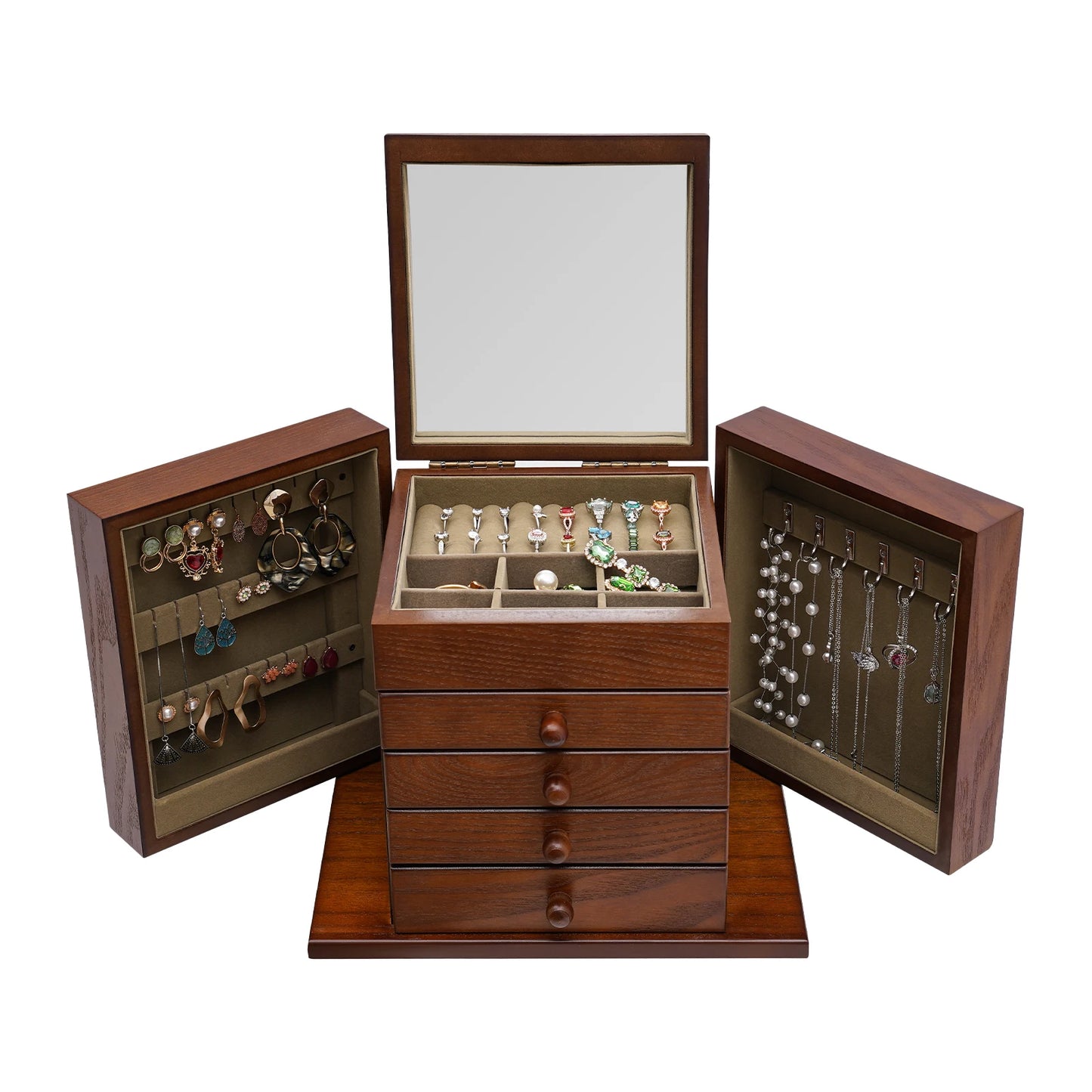 5 Layer Expandable Jewelry Box Featuring Built In Mirror Organizer