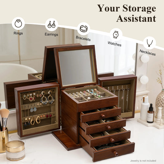 5 Layer Expandable Jewelry Box Featuring Built In Mirror Organizer