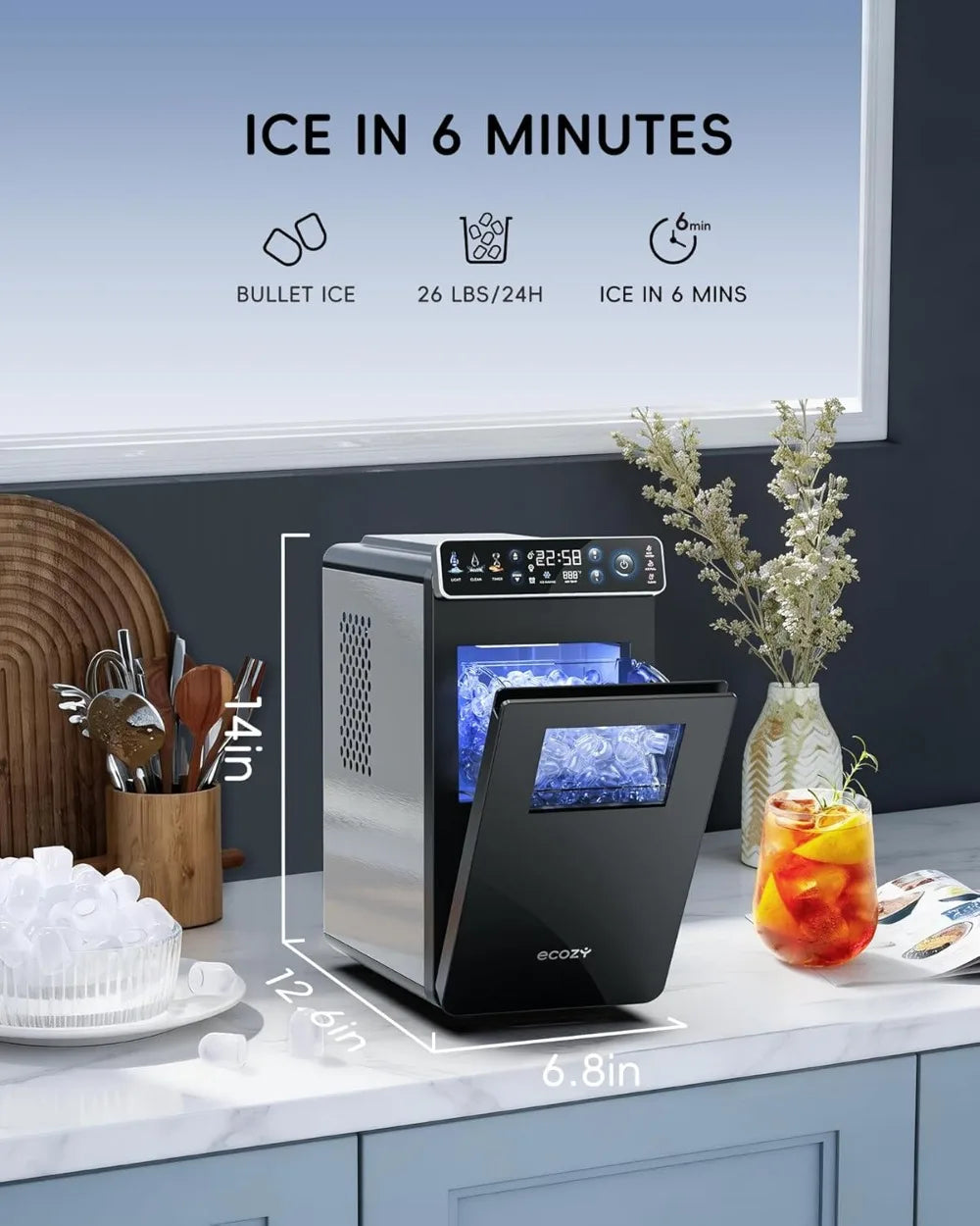 Countertop Ice Maker Ultra Slim With Full Color Panel Timer