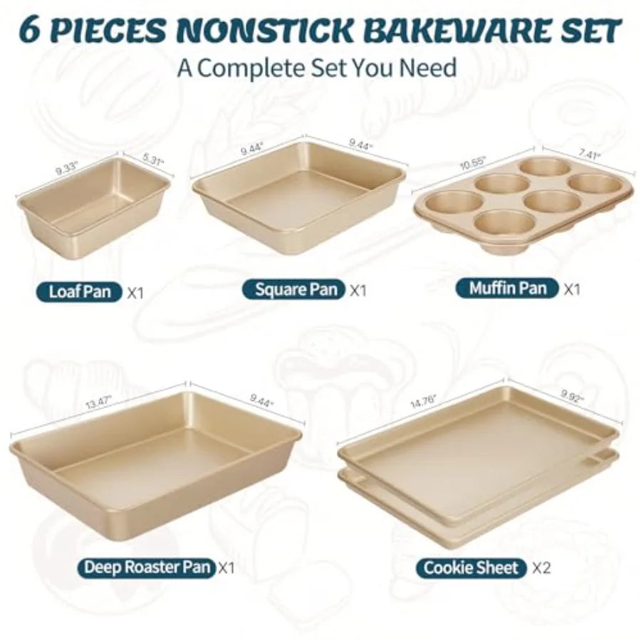 Nonstick Baking Pans Set 6 Stackable Bakeware With Cookie Sheet
