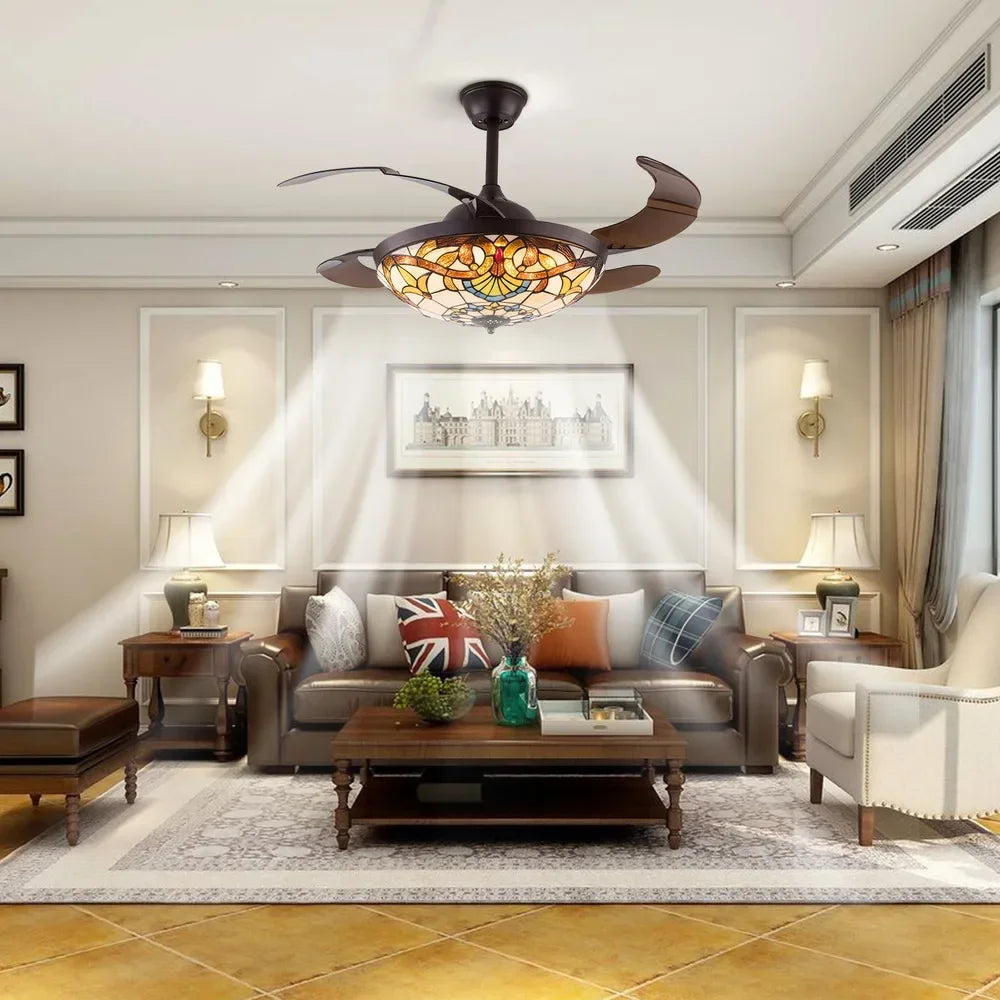 Tiffany Style Ceiling Fan With Remote, LED Light, Color Changing