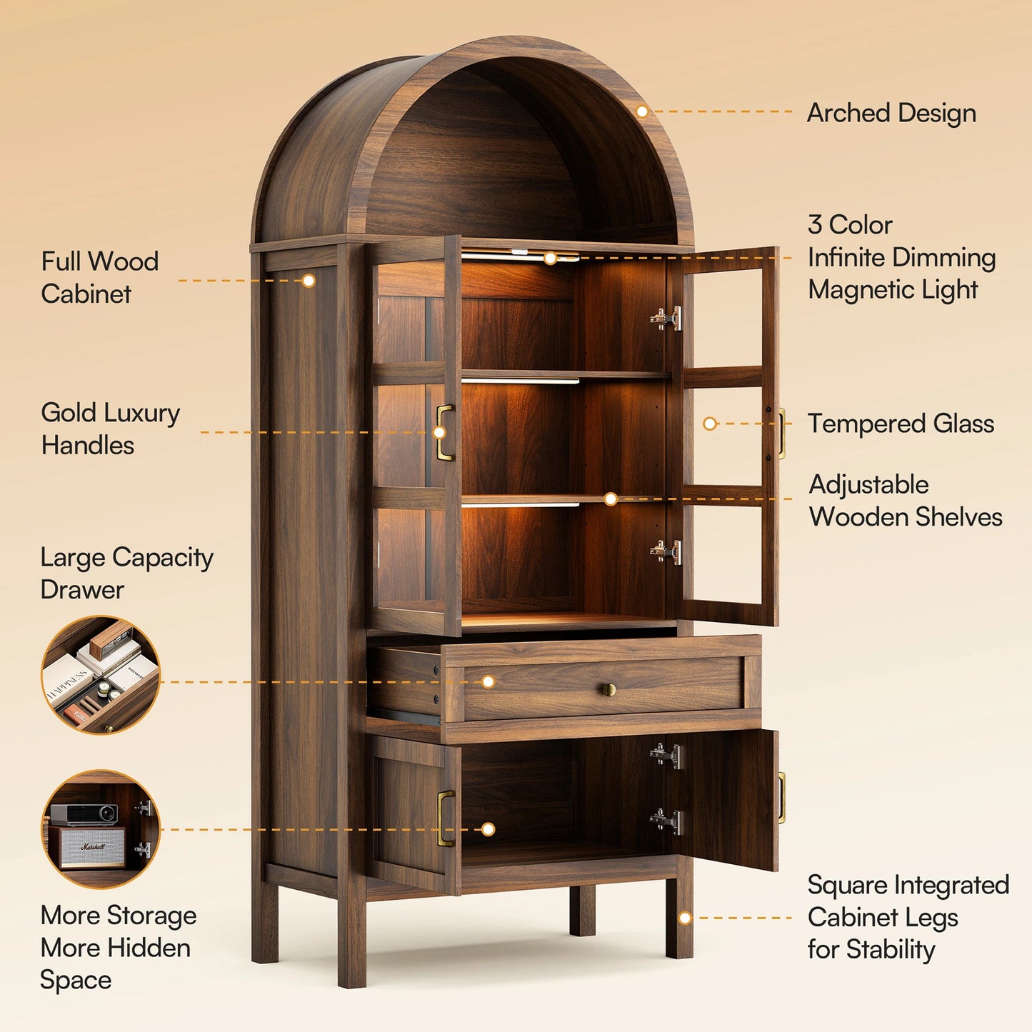 Furgle Arched Wood Storage Cabinet With Adjustable Shelves And Led Lights