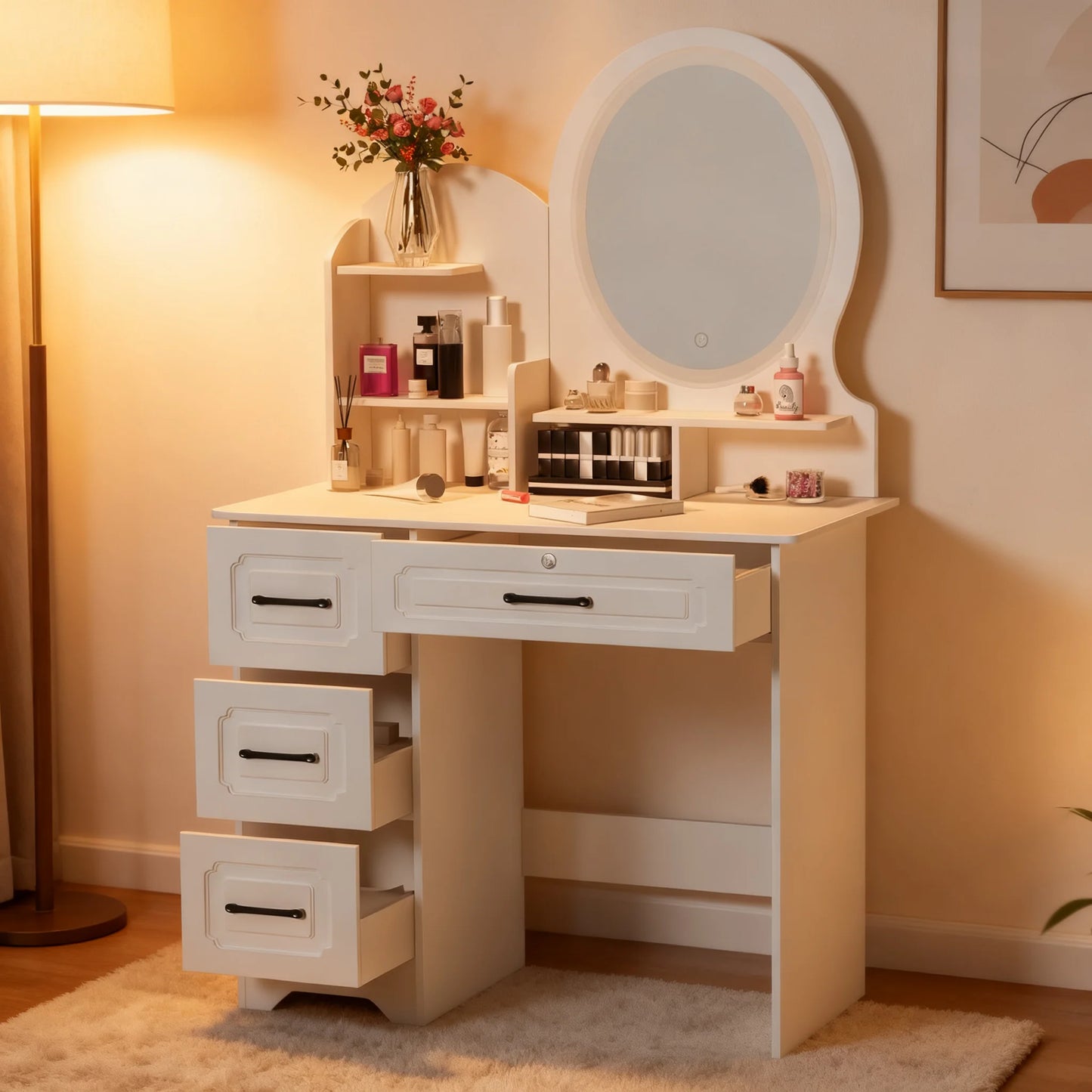 Modern Wooden Vanity Table With Four Drawers And Mirror