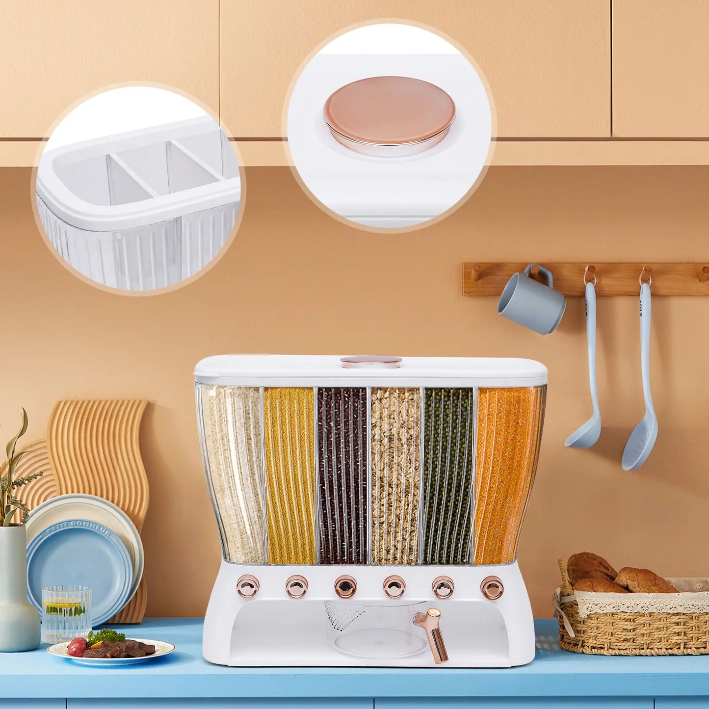 Six Grid Dry Food Dispenser Wall Mounted Organizer With Cup