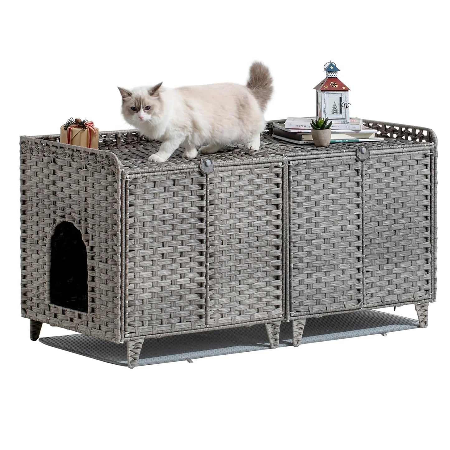 DishyKooker Rattan Double Door Cat Litter Box Enclosure